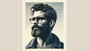 uma estilizado retrato do uma homem com uma barba e copos, capturado com a retro e granulado textura característica do risógrafo impressão. ai gerado foto