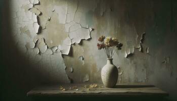 representando uma murcha flor dentro uma rachado vaso contra a envelhecido parede, simbolizando a passagem do Tempo e a drenando natureza do depressão. ai gerado foto