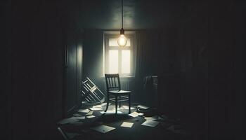 capturando uma vagamente aceso quarto com a derrubado cadeira e espalhados papéis, refletindo a solidão e caos do uma depressivo estado. ai gerado foto