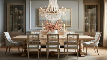 luxuoso mobiliado jantar sala, glamour jantar área, elegante interior projeto, ai generativo foto