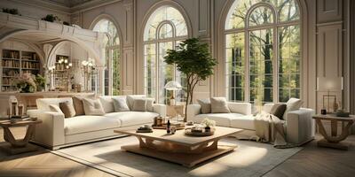 interior Projeto luxuoso moderno vivo sala, mínimo alta janela, acolhedor sofá, sereno natureza cenário, elegante vila, ai generativo foto