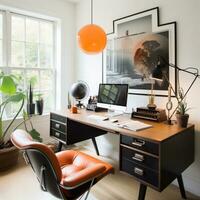 contemporâneo mobiliado casa escritório, confortável escritório, área de trabalho com escrivaninha e cadeira, à moda interior projeto, ai generativo foto