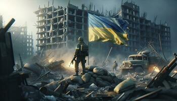 uma soldado no meio destroços, Pedregulho, segurando a ucraniano bandeira Como uma baliza do esperança e resiliência. ai gerado foto