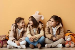 uma cenário do feliz escolares sentado em chão e olhando às cada de outros perto laranja parede generativo ai foto