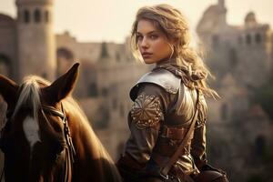 uma fechar-se do lindo menina dentro medieval traje com Preto cavalo em fundo do castelo generativo ai foto