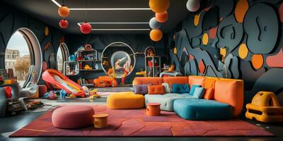 uma lindo interior Projeto do uma colorida Jardim da infância, educacional sala de jogos, criança Aprendendo espaço, berçário, ai generativo foto