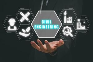 Civil Engenharia conceito, homem de negocios mão segurando Civil Engenharia ícone em virtual tela. foto