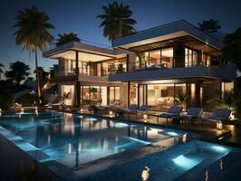 3d moderno villa com uma natação piscina e salão área ai generativo foto