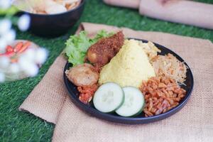 indonésio estilo amarelo arroz com frango e lado pratos dentro Preto prato em verde Relva fundo foto