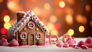 Pão de gengibre casa com Natal decoração natal feriado doces, generativo ai foto