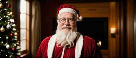 santa sorridente dentro Natal com presentes e natal árvore, ai gerado foto