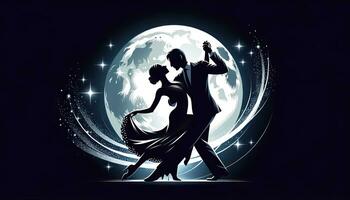 a ilustração representando a silhueta do uma dançando casal, graciosamente entrelaçados dentro uma dança, conjunto contra uma cintilante lua e cintilante estrelas. ai gerado foto