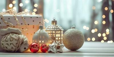 Natal miniatura cena do acolhedor Cidade com festivo edifícios, ai generativo foto