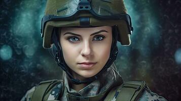 uma Forte olhando mulher vestindo militares uniforme Incluindo camuflar cansaço e uma capacete. ela é pronto para guerra para proteger e servir dela país. generativo ai foto