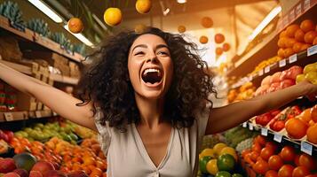 uma feliz e animado mulher Sombrio cabelos comprador dentro loja frente Visão frutas e legumes em pastel laranja fundo. generativo ai foto