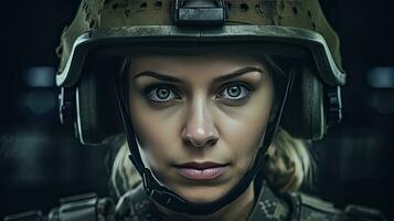 uma Forte olhando mulher vestindo militares uniforme Incluindo camuflar cansaço e uma capacete. ela é pronto para guerra para proteger e servir dela país. generativo ai foto