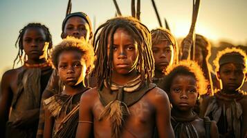 grupo do pessoas e crianças a partir de africano tribo completo com cultural tatuagens, cosméticos e madeira de pedra lança armas. étnico grupos dentro África. generativo ai foto