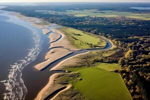 aéreo Visão do báltico mar costa com areia dunas e arenoso de praia. generativo ai ai gerado foto