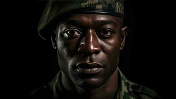 africano homem vestindo camuflar uniforme. retrato do Preto soldado. generativo ai foto