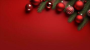 vermelho fundo, decorado com Natal bola, cópia de espaço topo visualizar, luxuoso decoração fundo ai gerado foto