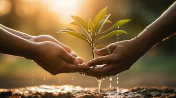 mão nutrir e rega plantas crescendo em fertil solo às pôr do sol fundo ecologia conceito ai gerado foto