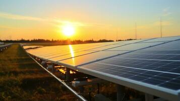 ampla solar painéis às uma solar Fazenda com Sol iluminação para crio a limpar \ limpo elétrico ai gerado foto