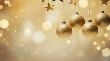 Natal e Novo ano fundo. dourado bolas suspensão em fita em dourado fundo com cópia de espaço para texto. a conceito do Natal e Novo ano feriados ai gerado foto
