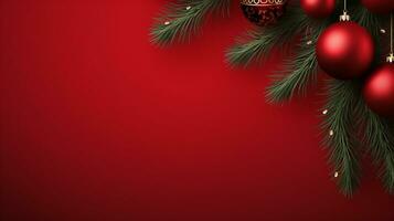 vermelho fundo, decorado com Natal bola, cópia de espaço topo visualizar, luxuoso decoração fundo ai gerado foto