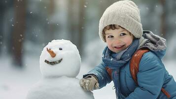 alegre criança dentro inverno vestuário abraçando uma Fresco boneco de neve dentro uma Nevado floresta contexto. generativo ai foto