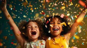 dois jubiloso crianças com Largo sorrisos cercado de vôo colorida confete. generativo ai foto