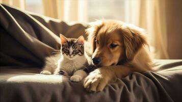cachorro e gato junto, feliz animais de estimação em cama. generativo ai foto