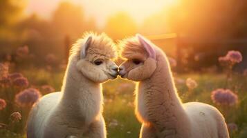 super fofa alpacas casal dentro amar. feliz dia dos namorados dia conceito. ai gerado imagem. foto