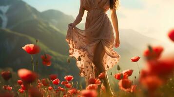 descalço jovem mulher caminhando através a papoula flores campo. ai gerado imagem. foto