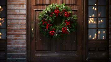 Natal abeto e poinsétia guirlanda em a porta. ai gerado imagem. foto