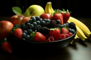 uma fruta tigela transbordante com naturezas Doçura e bondade ai gerado foto