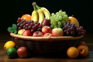 a convidativo exibição do vários frutas dentro a atraente fruta cesta ai gerado foto