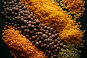 estético apresentação do lentilhas, exibindo seus beleza contra uma cinzento superfície ai gerado foto