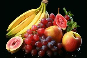 uma frutado conjunto com precisamente três bananas, dois uvas, 1 Dragão fruta ai gerado foto