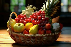 uma cesta preenchidas com frutas, conjunto contra uma caloroso de madeira pano de fundo ai gerado foto