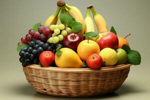 frutas arranjado dentro uma cesta, com uma suavizante, pálido fundo ai gerado foto