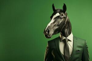 retrato do uma cavalo dentro homem de negocios terno e gravata em uma isolado fundo. ai gerado foto