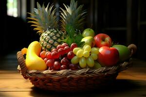 uma cesta preenchidas com frutas, conjunto contra uma caloroso de madeira pano de fundo ai gerado foto