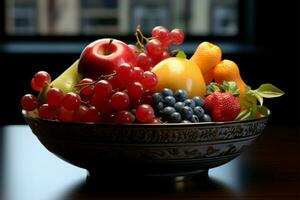 uma de bom gosto arranjo do sortido frutas dentro uma decorativo tigela ai gerado foto