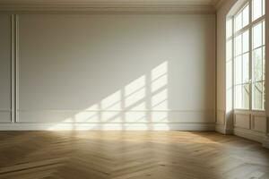 luz do dia preenchidas quarto com branco paredes e parquet chão para criatividade ai gerado foto