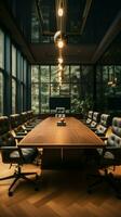 sofisticado sala de reuniões Projeto ampla Preto mesa, pelúcia Castanho cadeiras, televisão vertical Móvel papel de parede ai gerado foto