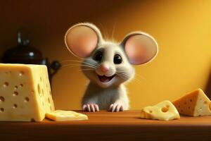 tímido travessura desenho animado animação apresentando uma pequeno rato e queijo ai gerado foto