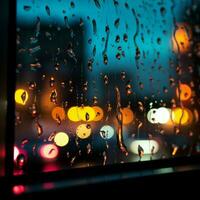abstrato noite cena janela com colorida pingos de chuva, borrado cidade luzes para social meios de comunicação postar Tamanho ai gerado foto