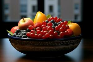 a atraente exibição do fresco frutas dentro a elegante fruta tigela ai gerado foto