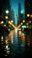 noturno paisagem urbana através chuva salpicado vidro, fundo suavizado de borrão vertical Móvel papel de parede ai gerado foto
