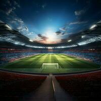 vívido 3d Renderização, futebol estádio, embalado arena em a campo para social meios de comunicação postar Tamanho ai gerado foto